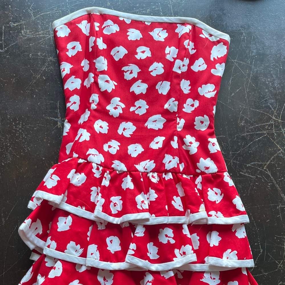 Vintage After Five Red White Floral Strap Strapless Dress Tiered Skirt Size 10
